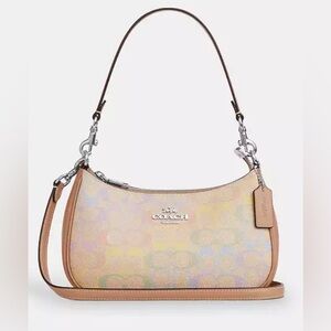💯 Coach Teri Pastel Multicolor Signature Shoulder Bag with Tan Trim